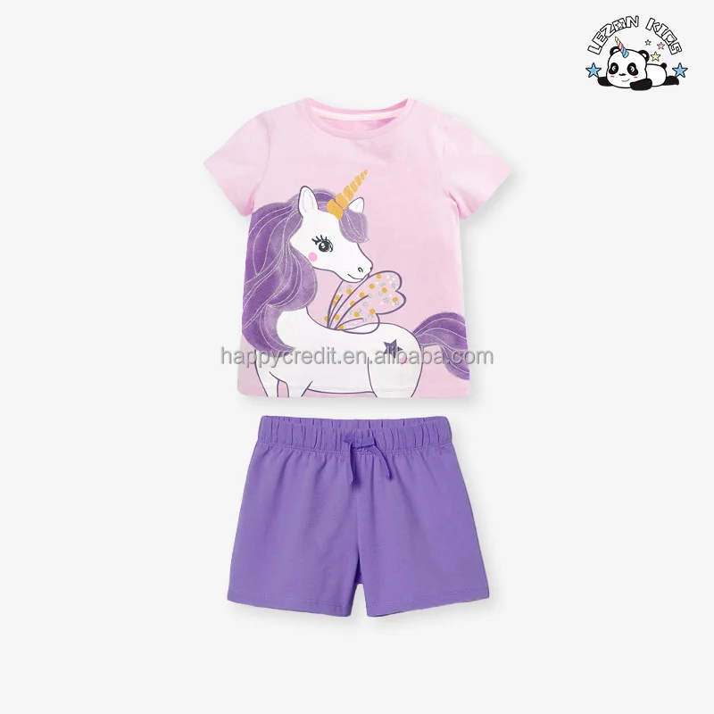 LEZONKIDS - Conjunto personalizado de roupas para meninas, moda com estampa de unicórnio, camiseta de manga curta e calças no verão para conjuntos de meninas
